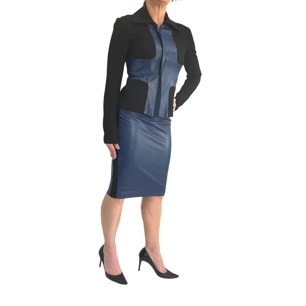 ROBERT RODRIGUEZ  SCUBA NAVY LEATHER COLORBLOCK MOTO JACKET SKIRT SUIT SET 2/4